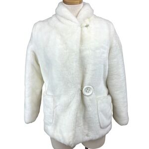 Vintage AMY LEE Faux Fur Jacket‎ Womens (12) Y2K White Button Satin Lined USA